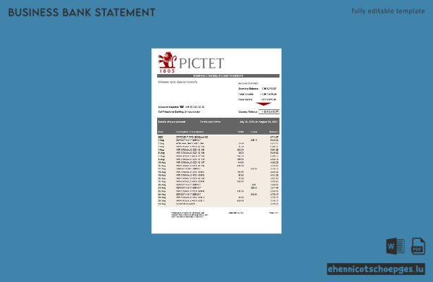Pictet Bank Firmenkontoauszug (Word- und PDF-Beispiel)